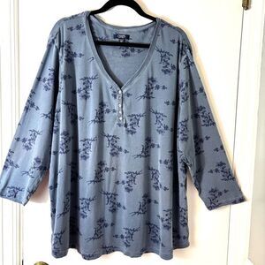 Chaps 3X Henley top soft knit blue on blue floral print